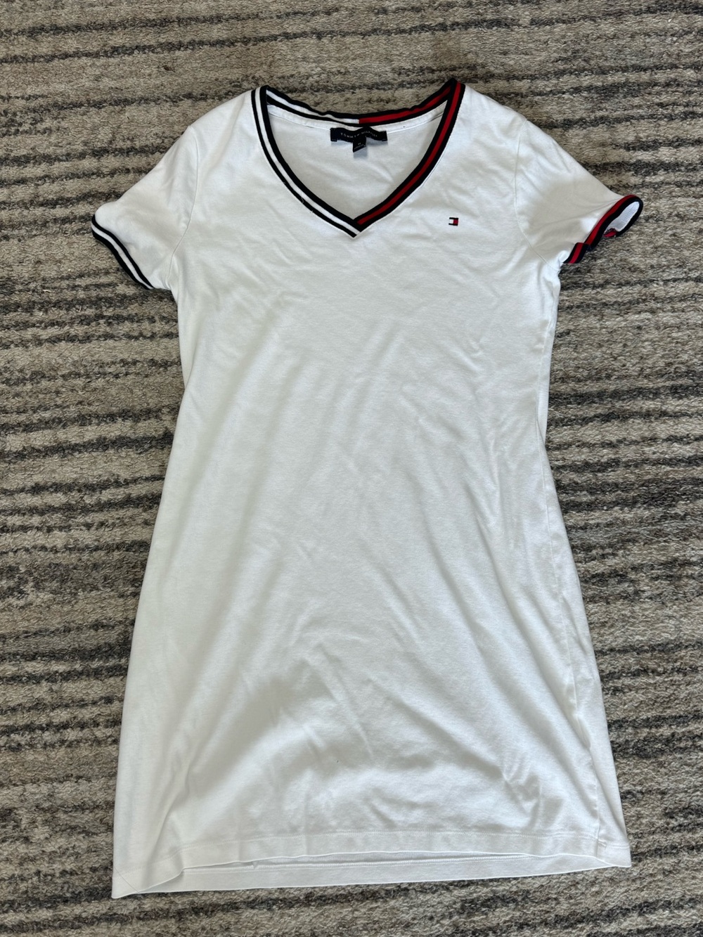Tommy Hilfiger White V-Neck Tipped Cotton Dress